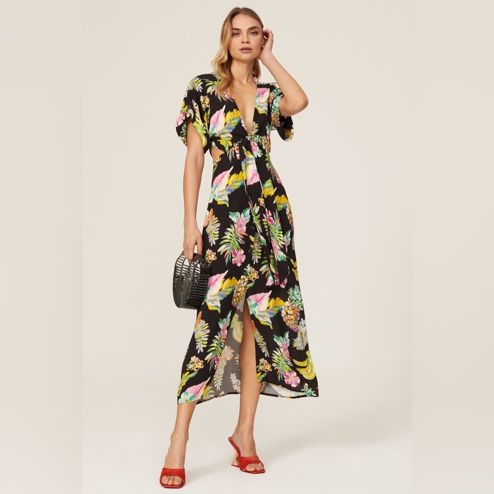 Flutter Sleeve Black Floral Midi Dress - V-Neck